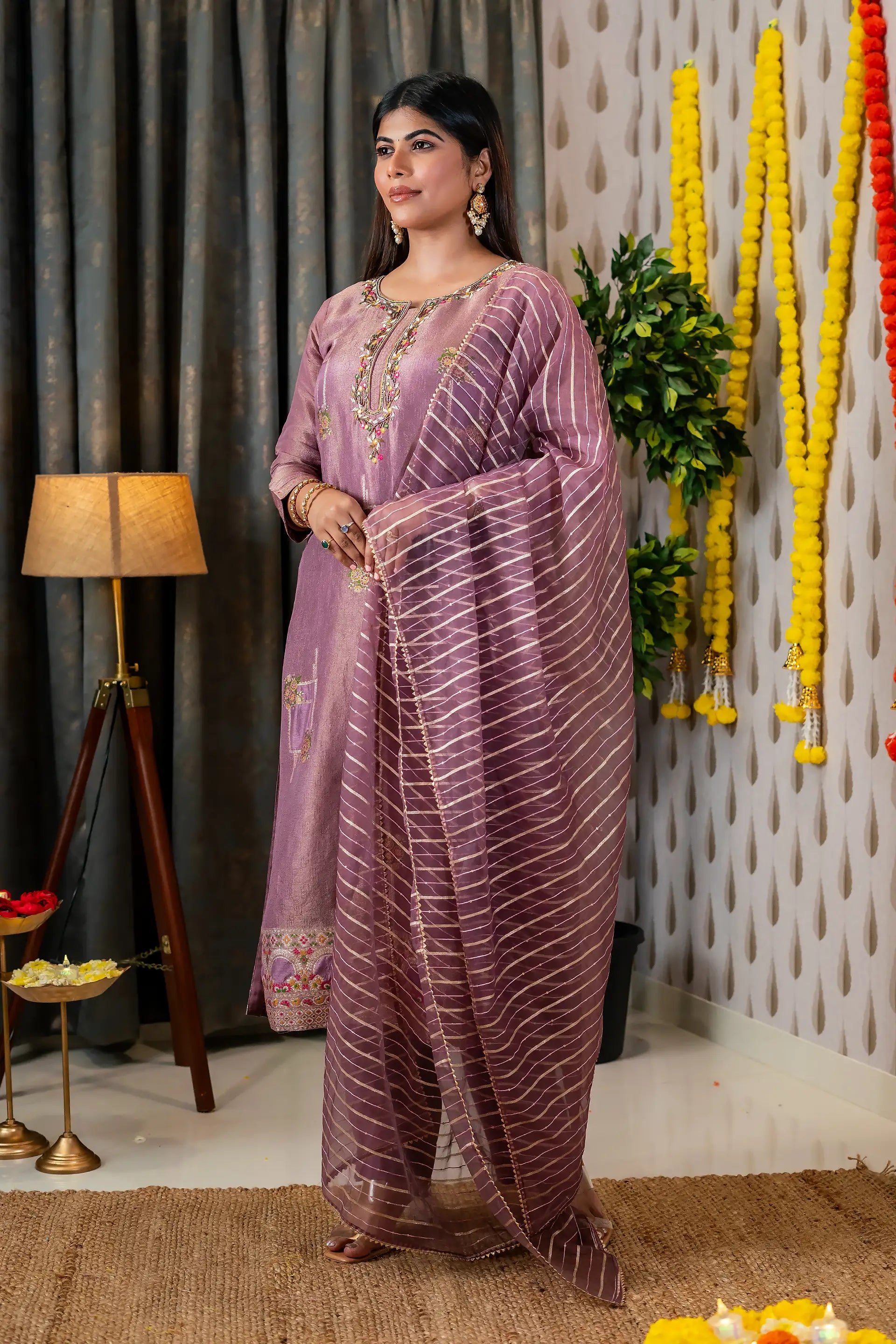 Mauve Simar Silk Embroidered Suit Set Top, Bottom & Dupatta for Women