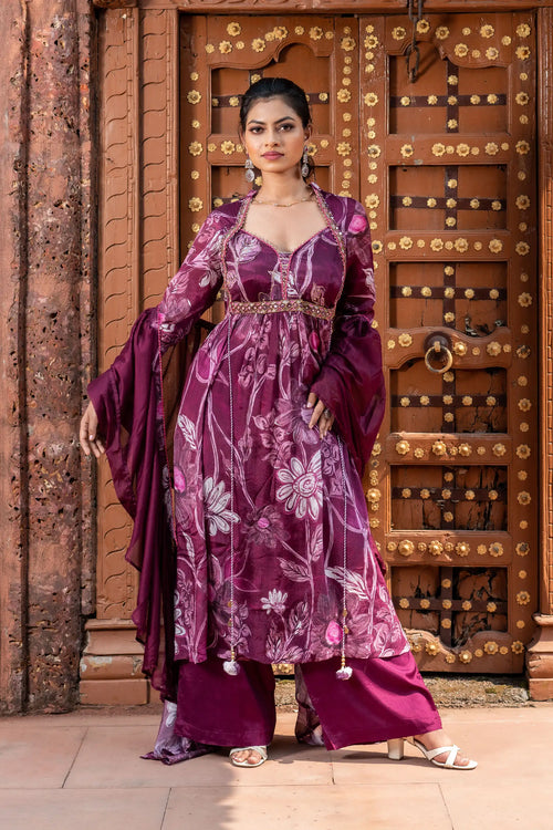 Wine Floral Chinnon Anarkali Set