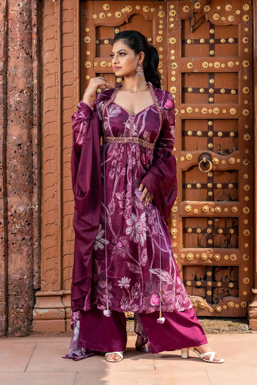 Wine Floral Chinnon Anarkali Set