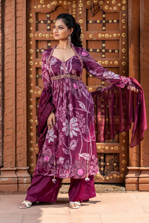 Wine Floral Chinnon Anarkali Set