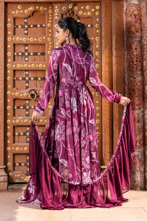 Wine Floral Chinnon Anarkali Set