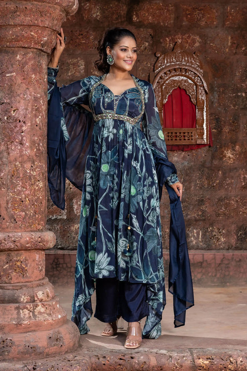 Blue Floral Chinnon Anarkali Set