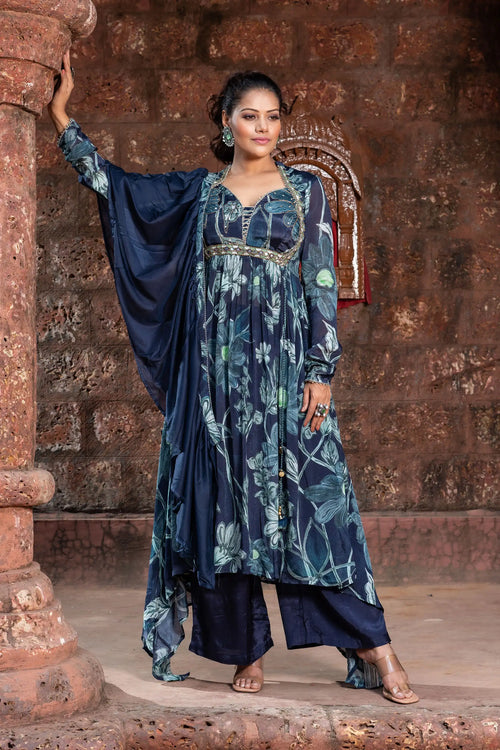 Blue Floral Chinnon Anarkali Set