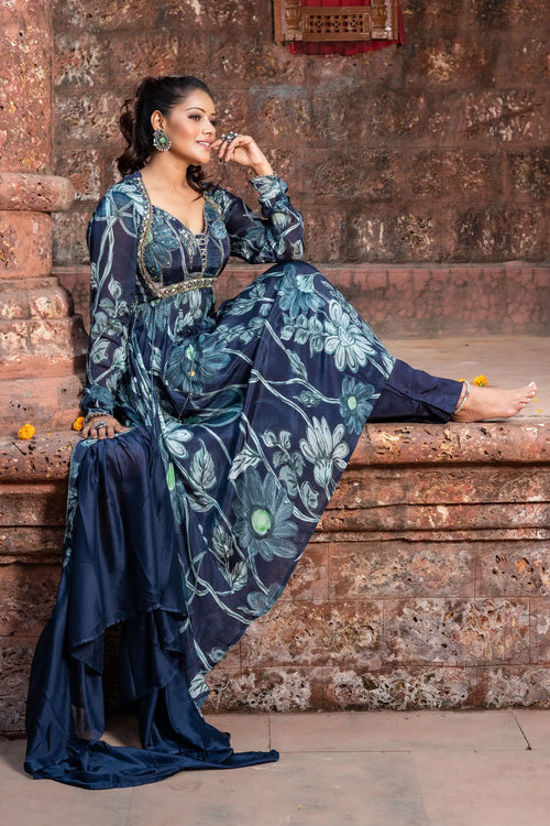 Blue Floral Chinnon Anarkali Set