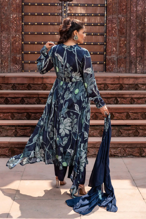 Blue Floral Chinnon Anarkali Set