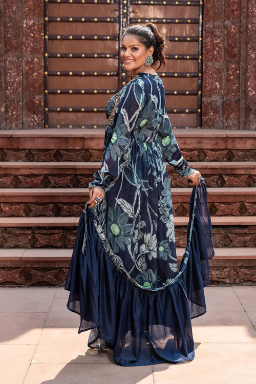 Blue Floral Chinnon Anarkali Set