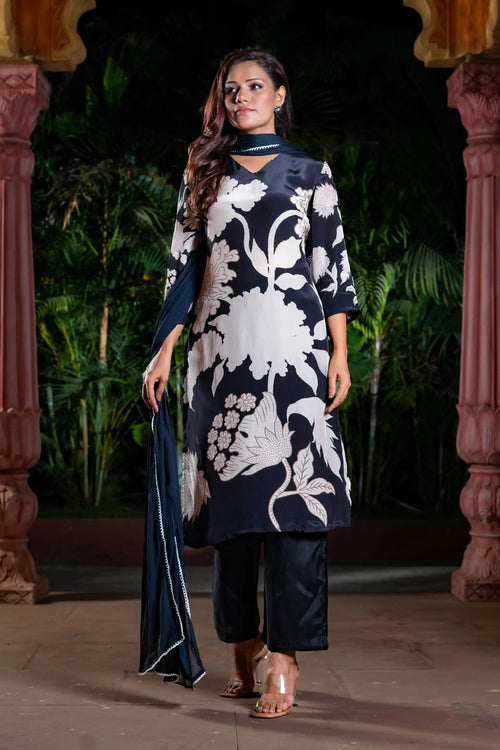 Floral Black Straight Kurta Set