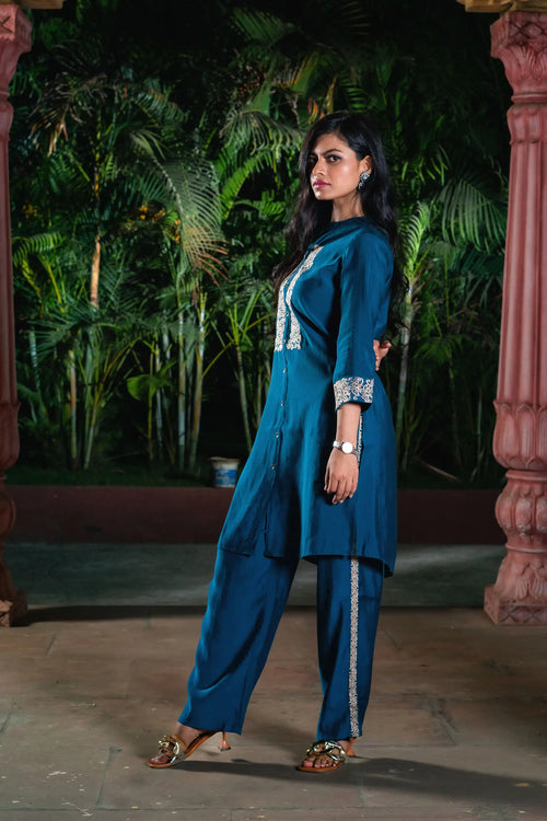 Embroidered Rama Blue Co-Ord Set