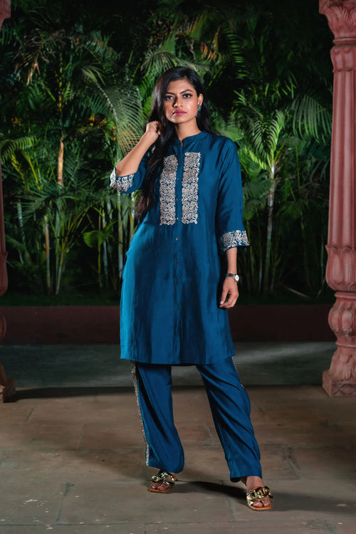 Embroidered Rama Blue Co-Ord Set