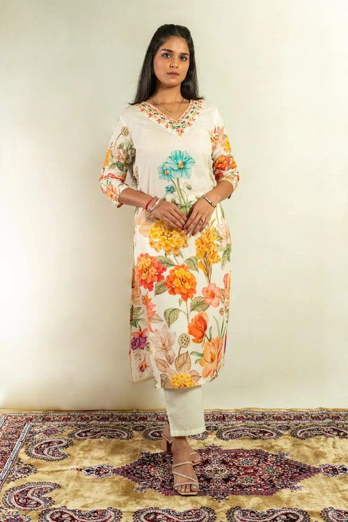 Cream Cotton Floral Print Straight Suit Set