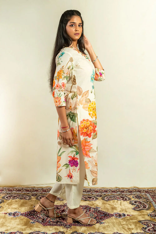 Cream Cotton Floral Print Straight Suit Set