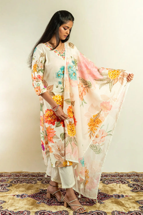 Cream Cotton Floral Print Straight Suit Set