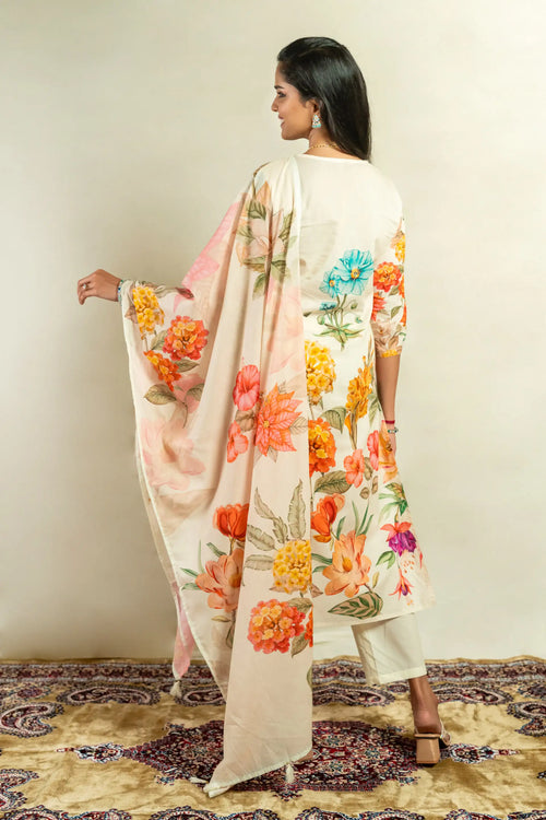 Cream Cotton Floral Print Straight Suit Set