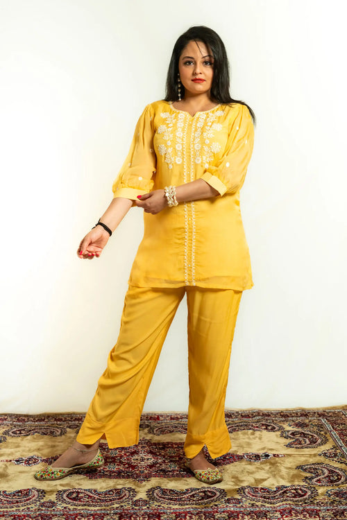 Mango Yellow Organza Embroidered Co-ord Set