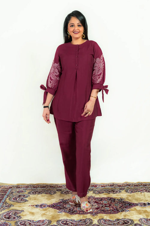 Plum Color Roman Silk Embroidered Co-ord Set