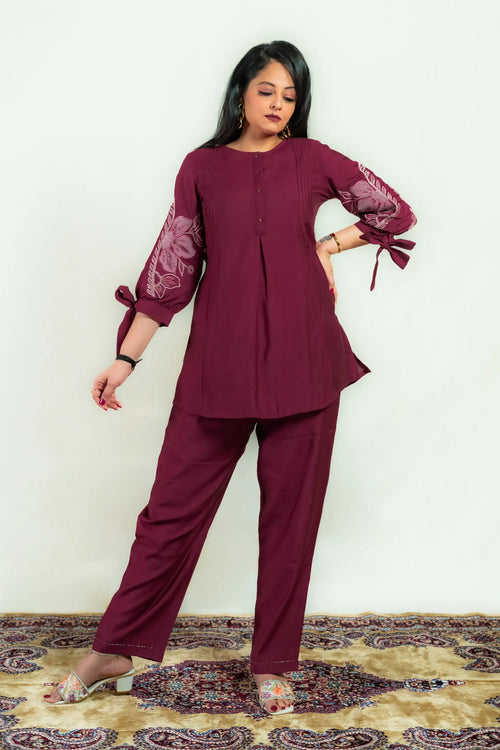 Plum Color Roman Silk Embroidered Co-ord Set