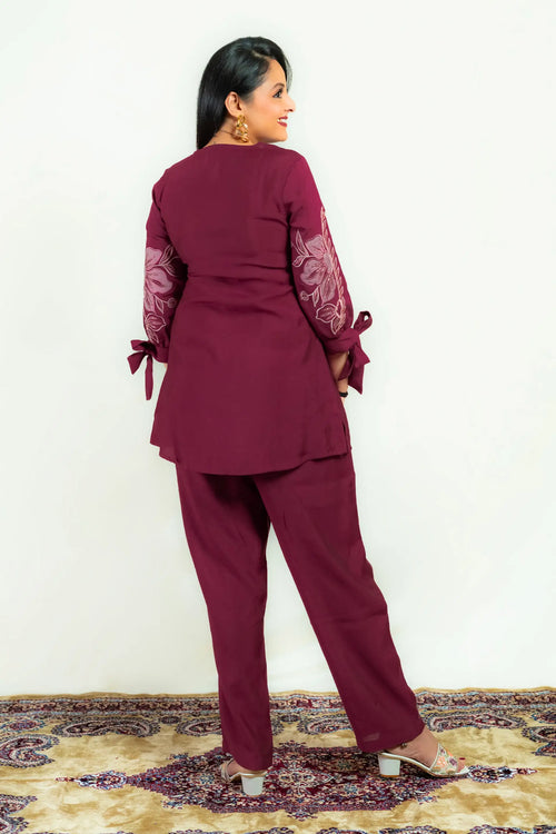 Plum Color Roman Silk Embroidered Co-ord Set