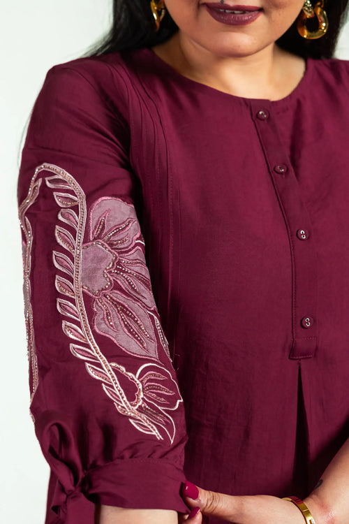 Plum Color Roman Silk Embroidered Co-ord Set