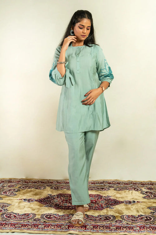 Pebble Green Roman Silk Embroidered Co-ord Set