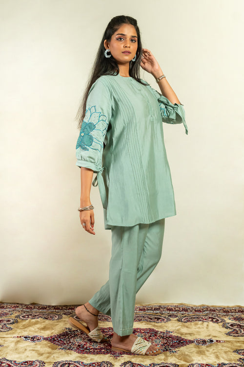 Pebble Green Roman Silk Embroidered Co-ord Set