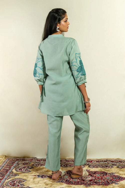 Pebble Green Roman Silk Embroidered Co-ord Set