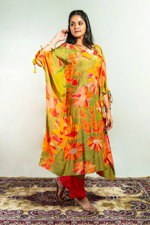 Paddy Green Color Muslin Kaftan Suit Set