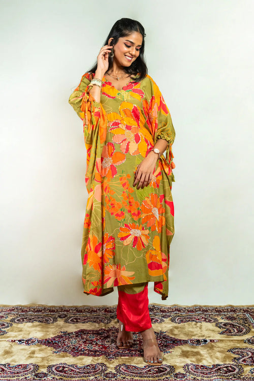 Paddy Green Color Muslin Kaftan Suit Set