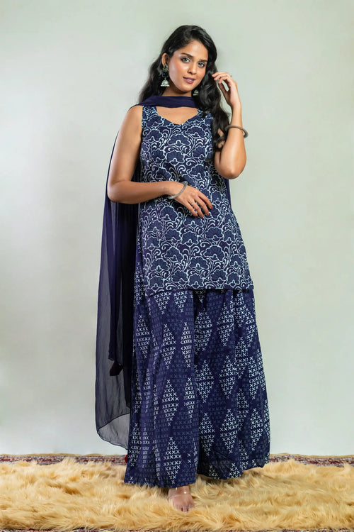 Indigo Block Print Sharara Set