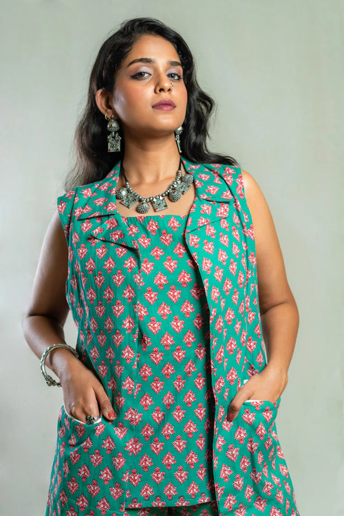 Turquoise Blue Bagru Print Co-ord Set