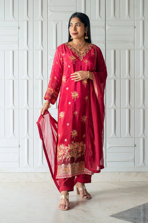 Maroon Color Gold foil Printed Suit Set