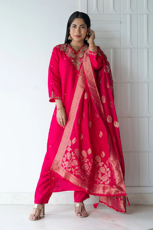 Hot Pink Banarasi Dola Silk Embroided Suit Set