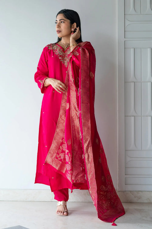 Hot Pink Banarasi Dola Silk Embroided Suit Set