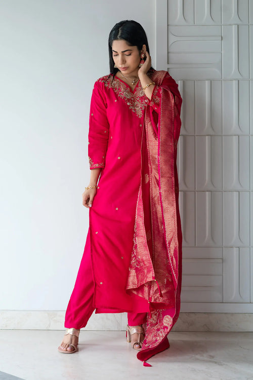 Hot Pink Banarasi Dola Silk Embroided Suit Set