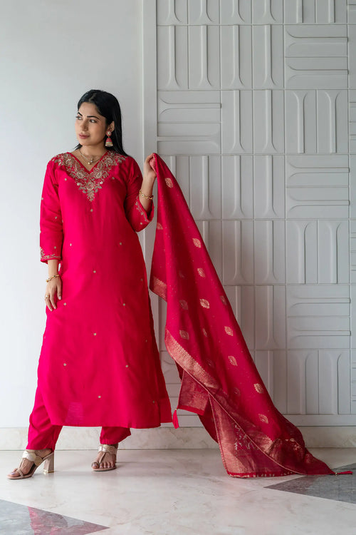 Hot Pink Banarasi Dola Silk Embroided Suit Set