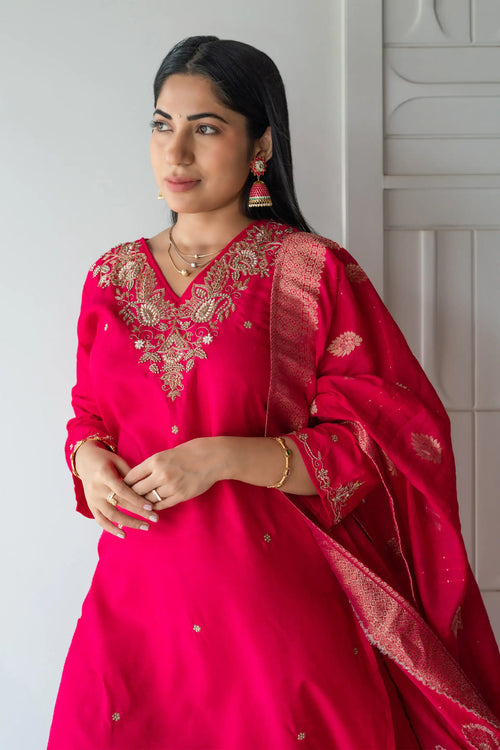 Hot Pink Banarasi Dola Silk Embroided Suit Set