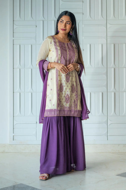 Purple & Gold Beige Tissue Silk Sharara Set