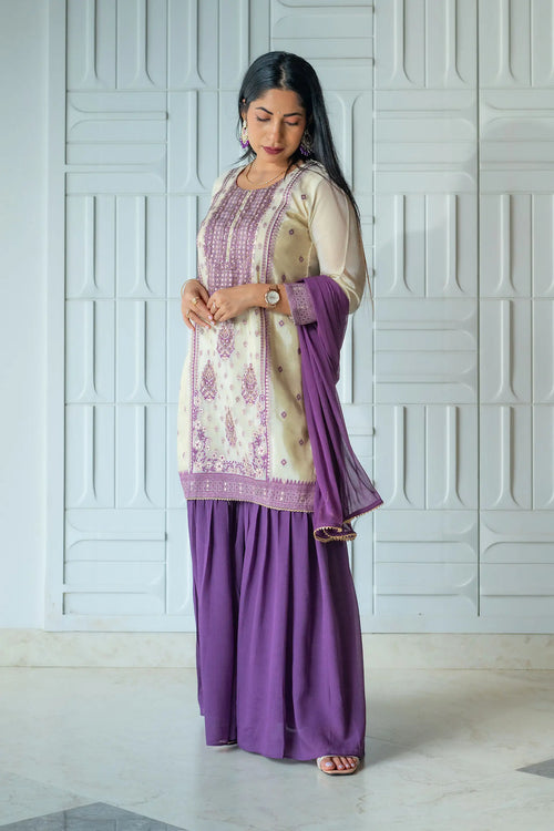 Purple & Gold Beige Tissue Silk Sharara Set