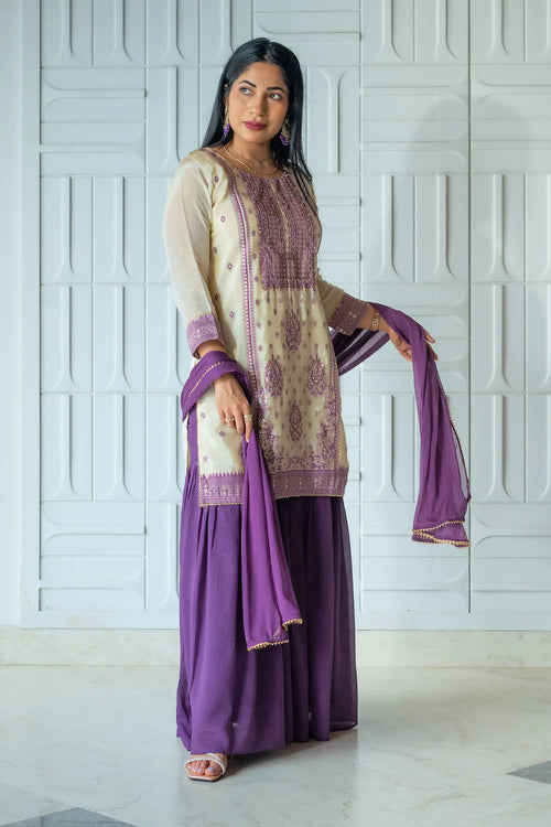 Purple & Gold Beige Tissue Silk Sharara Set