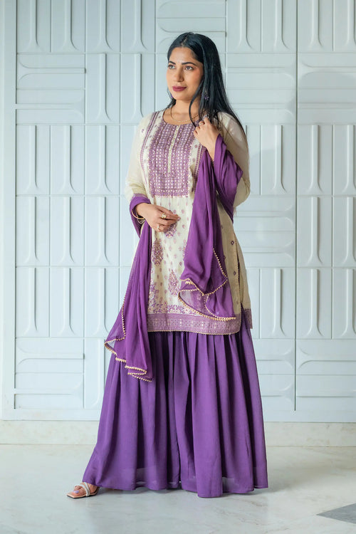 Purple & Gold Beige Tissue Silk Sharara Set