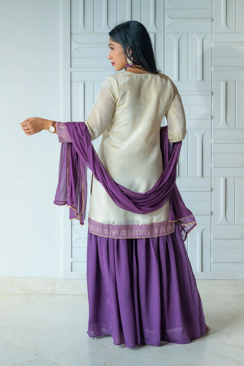 Purple & Gold Beige Tissue Silk Sharara Set