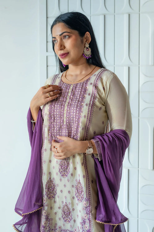 Purple & Gold Beige Tissue Silk Sharara Set