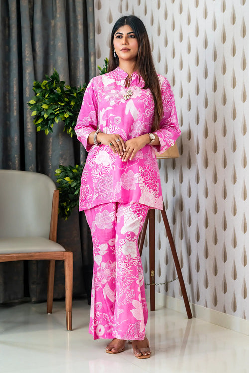 Pink & White Muslin Floral Print Co-Ord Set