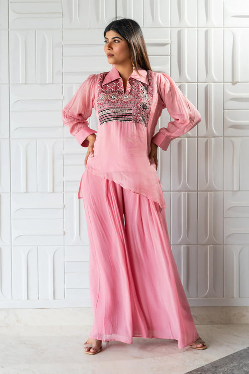 Pink Asymmetrical Georgette Embroided Co-ord Set