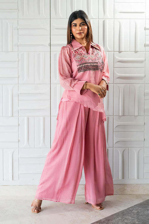 Pink Asymmetrical Georgette Embroided Co-ord Set