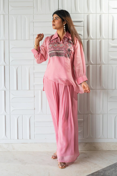 Pink Asymmetrical Georgette Embroided Co-ord Set