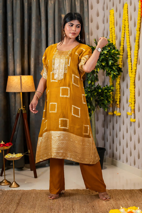 Mustard Color Banarasi A Line Kurta Set