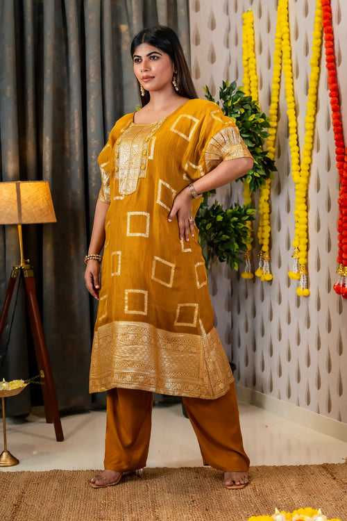 Mustard Color Banarasi A Line Kurta Set