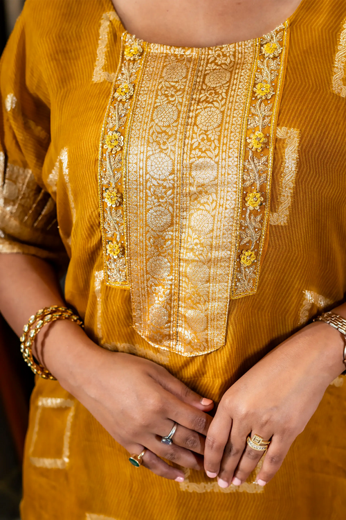 Mustard Color Banarasi A Line Kurta Set