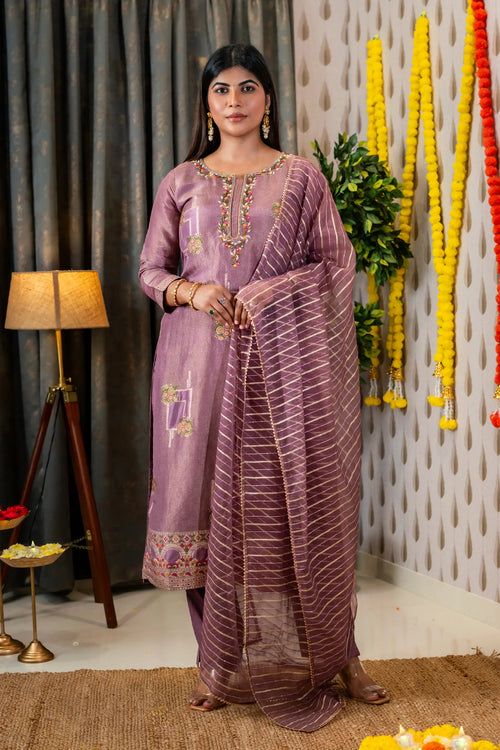 Mauve Color Tissue Silk Embroided Suit Set