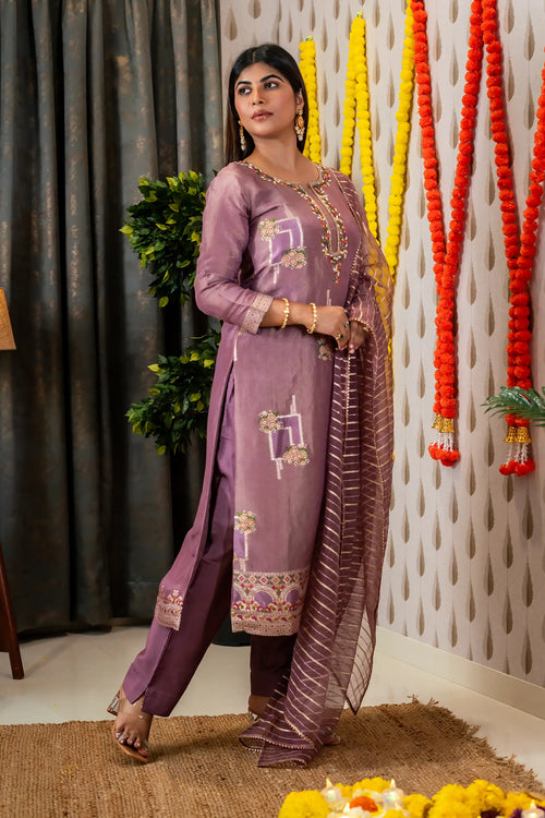 Mauve Color Tissue Silk Embroided Suit Set